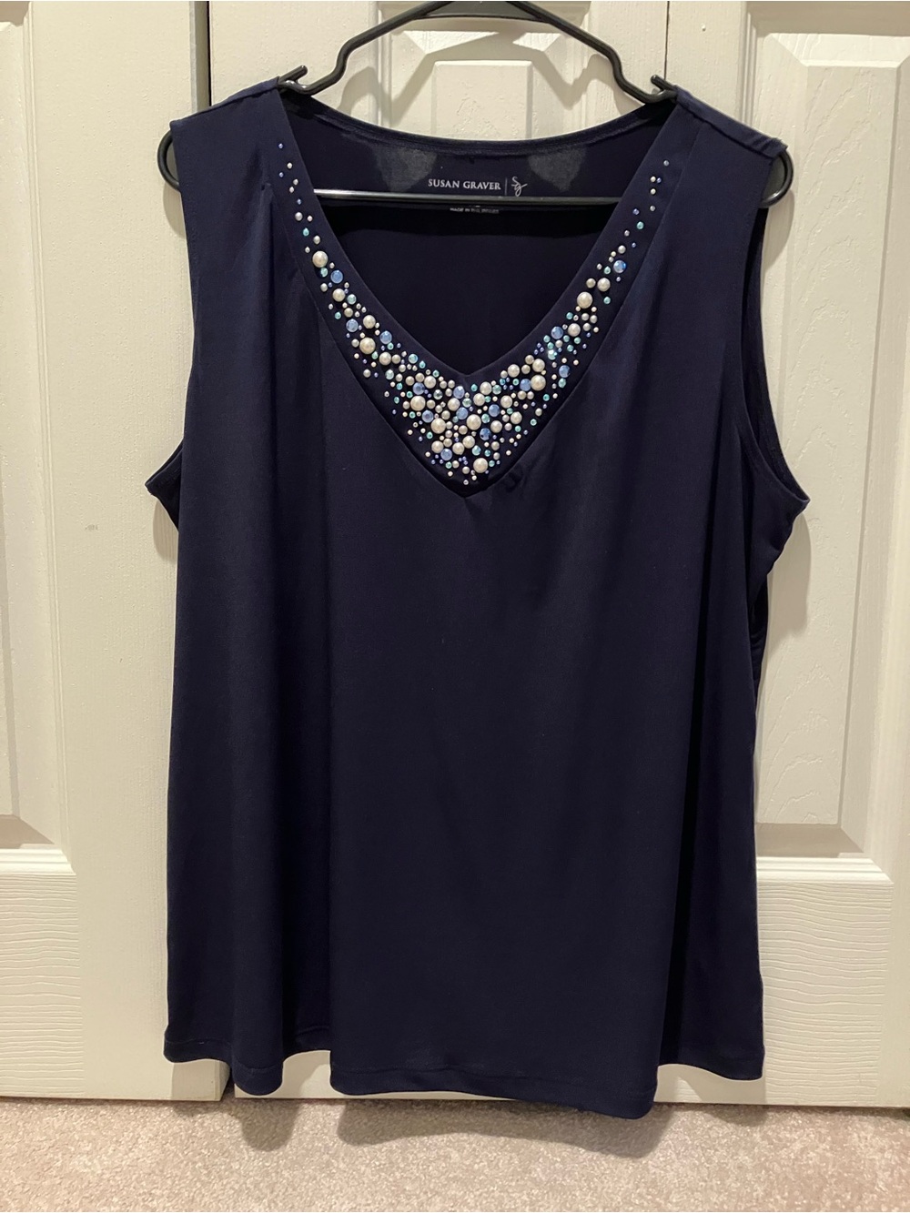 Susan Graver Embellished V Neck Navy Blue Sleeveless Blouse Tank Top. Size XL